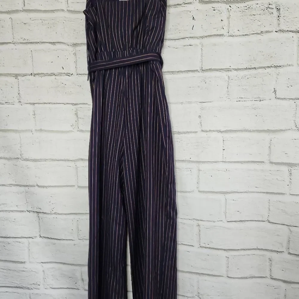Cupcakes & Cashmere Bonita Pinstripe Front Tie Waist Jumpsuit Blue Tan Small
